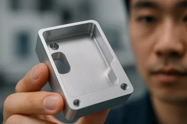 Inspector holding a CNC-machined aluminum enclosure prototype with milled pocket and threaded holes.