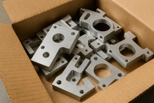 CNC machined aluminum parts in a carton box, precision milled brackets and blocks prepared for batch delivery and OEM production.
