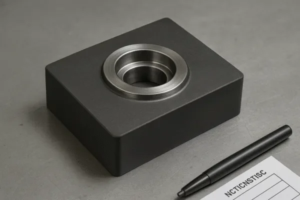 CNC machined die block with a precision circular bore insert seat, shown beside a pen and inspection form on a workbench.