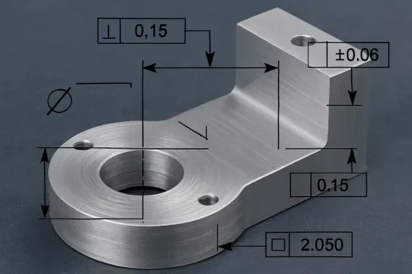 CNC machined metal bracket with GD&T tolerance callouts and dimensional annotations on a technical inspection background.