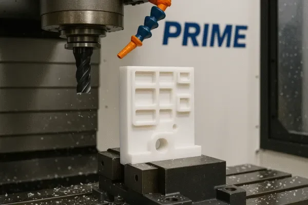 CNC milling a white plastic prototype part in a vise at Prime, showing end mill, coolant nozzle, and machined pockets.