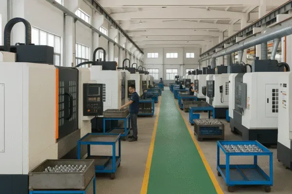 CNC machining workshop with multiple machining centers, workstations, and parts bins along a production line in a modern factory.