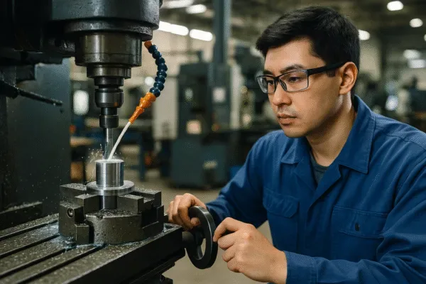 CNC milling operator machining a metal part with cutting fluid on an industrial milling machine in a factory workshop.