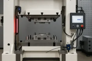 Industrial stamping press machine with tooling fixture and touchscreen control panel inside a manufacturing workshop.
