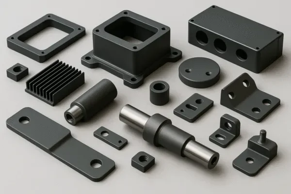 Custom CNC machined metal parts in black finish, including housings, brackets, shafts, spacers, and mounting plates.