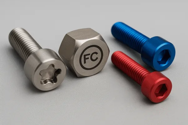 Custom metal fasteners with logo-marked hex bolt, torx screw, and anodized socket head screws in blue and red.