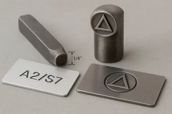 Custom metal logo stamping die set showing a triangle embossing punch and engraved sample plates with 1/4 inch size reference.