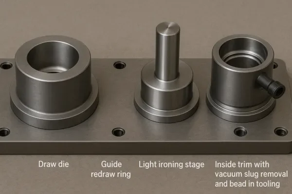Deep drawing die tooling stages showing draw die, redraw ring, light ironing stage, and inside trim with vacuum slug removal.