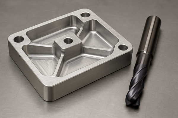 DFM-optimized CNC aluminum part placed beside an end mill cutting tool on a metal workbench.