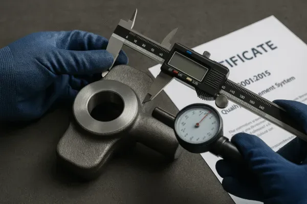 Quality inspector measuring a forged metal part with a digital caliper and dial gauge during dimensional inspection.