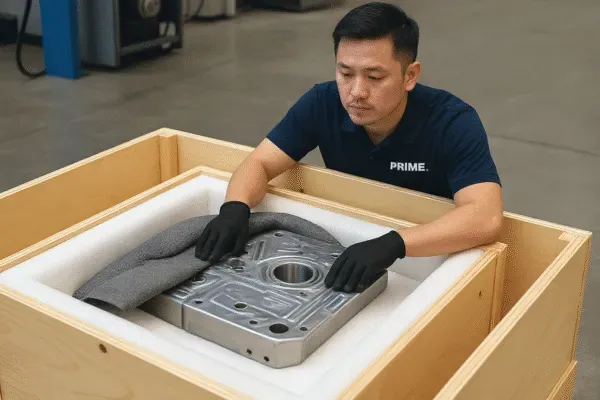 Prime technician packing a heavy CNC-machined metal component in a foam-lined wooden export crate for safe shipping.
