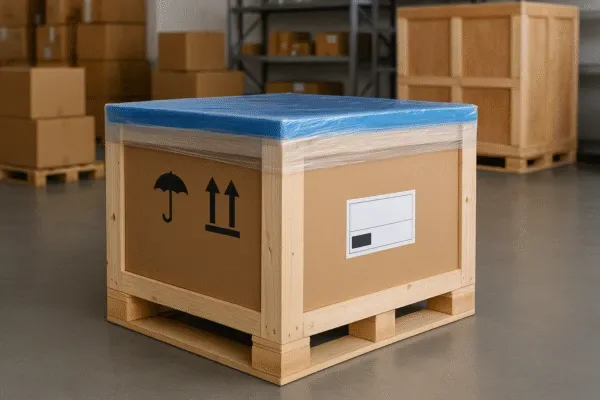 Export wooden crate packaging on a pallet with waterproof blue protective wrap and handling symbols, prepared for international shipment.