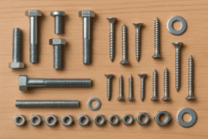 Metal fasteners assortment on wooden table with bolts, screws, nuts, and washers for industrial hardware and OEM assembly.