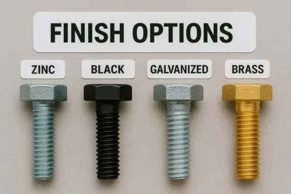 Fastener finish options chart showing zinc plated, black oxide, galvanized, and brass bolts for corrosion resistance and appearance comparison.