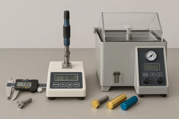 Fastener quality testing lab setup with digital torque tester, caliper measurement tools, and a salt spray corrosion test chamber.