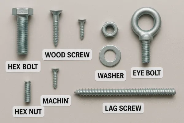 Labeled fastener types on a neutral background, including a hex bolt, wood screw, machine screw, lag screw, washer, hex nut, and eye bolt.