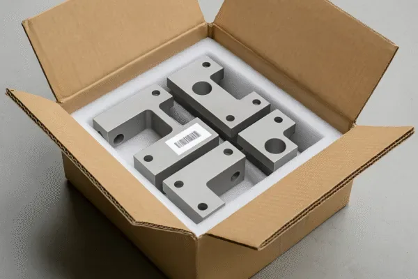 CNC machined metal blocks packed in a foam insert inside a cardboard carton for safe shipping and export.
