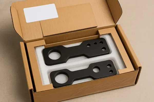 Black machined metal brackets packed in a foam insert inside a cardboard box for safe shipping and export delivery.