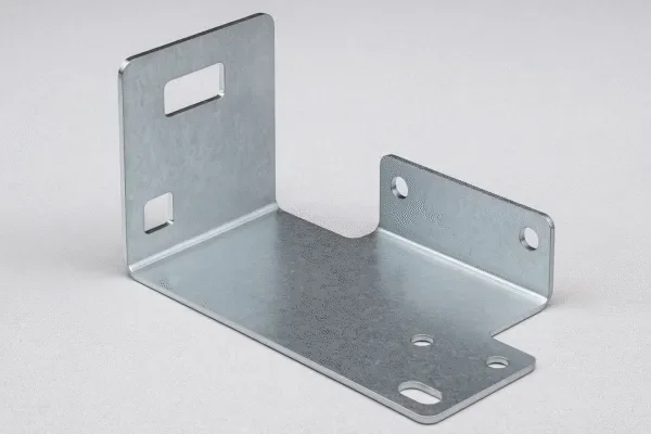 Galvanized steel stamping bracket with bent flanges, slotted cutouts, and mounting holes for OEM sheet metal assembly.