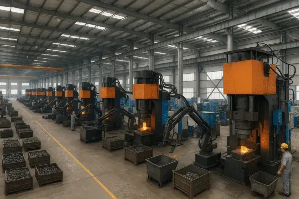 Industrial hot forging press line with multiple forging machines and glowing billets in a large metal forging workshop.