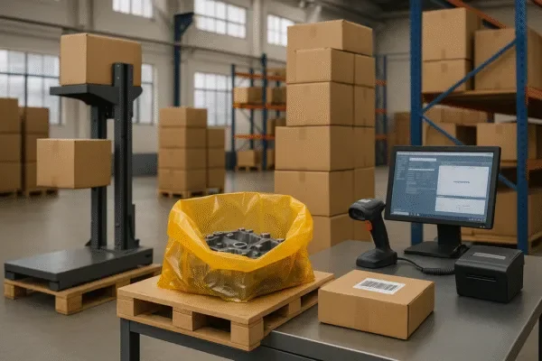 Industrial packaging station with VCI bagged metal parts, barcode scanner, label printer, and stacked export cartons in a warehouse.