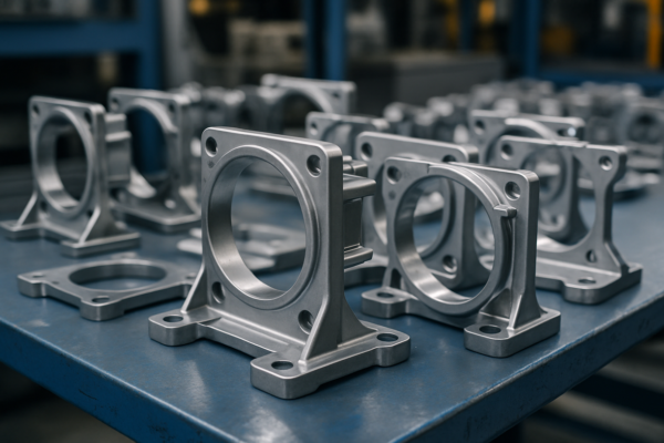 Multiple stamped metal motor mounting brackets, each featuring a circular central opening and four mounting feet, arranged on a blue factory table.