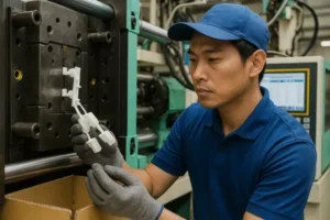 Injection molding operator inspecting a white plastic part beside an injection molding machine during quality control.