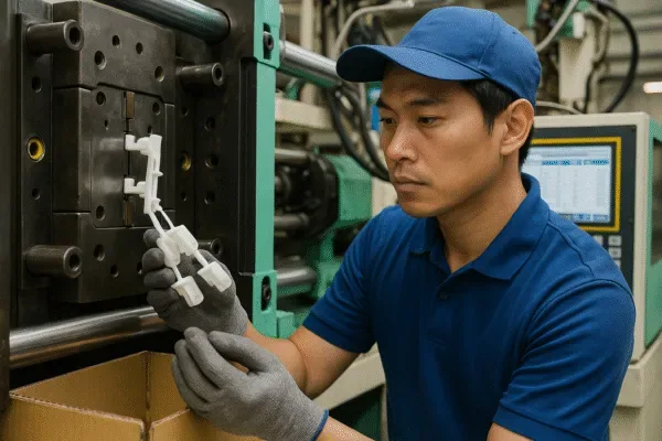Injection molding operator inspecting a white plastic part beside an injection molding machine during quality control.
