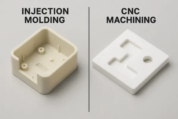 Injection molding vs CNC machining plastic part comparison, showing molded housing and CNC-milled plate for custom OEM component selection.