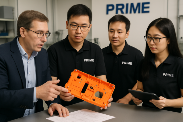 International client and Prime engineering team discussing a plastic prototype during a product development meeting.