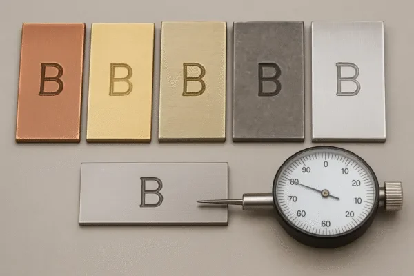Metal engraving depth test plates with letter B in multiple finishes, measured with a dial indicator gauge.