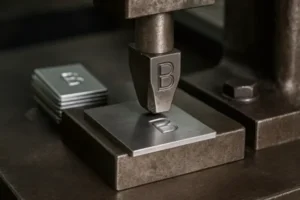 A stamping press machine creating metal stamping parts, with a die pressing into a steel sheet and freshly stamped pieces stacked nearby.