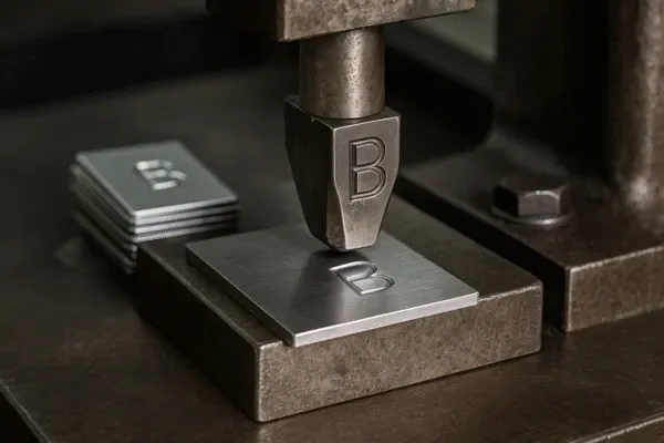 A stamping press machine creating metal stamping parts, with a die pressing into a steel sheet and freshly stamped pieces stacked nearby.