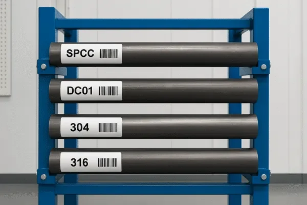 Metal material rack labeled SPCC, DC01, 304, and 316, showing organized sheet stock for stamping and fabrication.