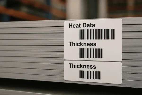Metal sheet stack with barcode labels showing heat data and thickness for material traceability in manufacturing.