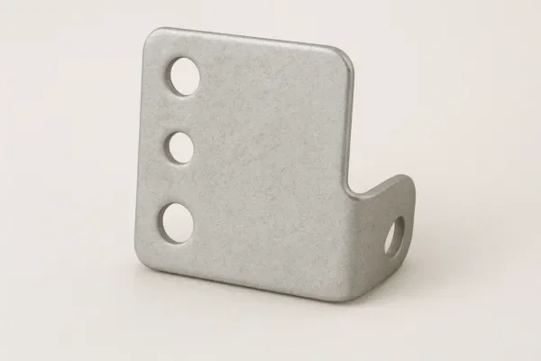 Bent sheet metal stamping bracket with three mounting holes and a side flange hole for fastening.