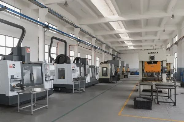 Metal stamping workshop with press line machines and organized production floor for high-volume sheet metal parts.