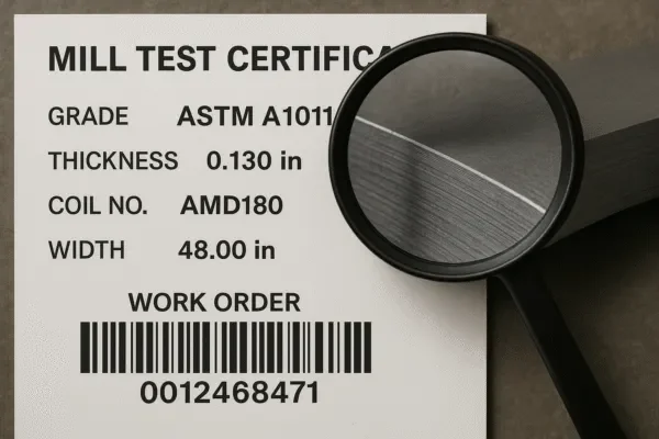 Mill test certificate showing ASTM A1011 steel coil grade, thickness, width, coil number, and work order barcode for traceability.