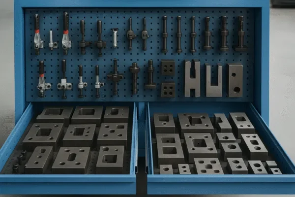 Modular stamping die inserts and quick-change punch tooling organized in a workshop tool cabinet for fast setup.