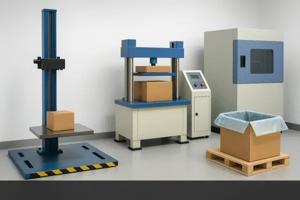 Packaging test lab with drop test stand and compression test machine evaluating export cartons for safe OEM parts shipping.