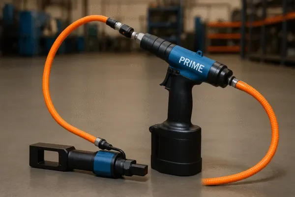 Prime pneumatic rivet nut tool with orange air hose and matching hydraulic insert head on a workshop floor.