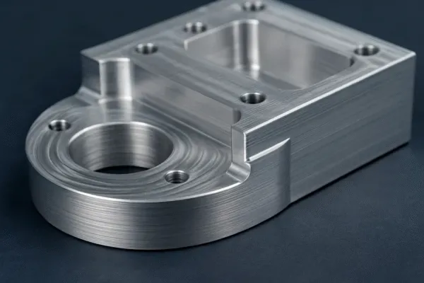 Precision CNC machined aluminum housing with milled pocket, drilled holes, and smooth surface finish on a dark background.