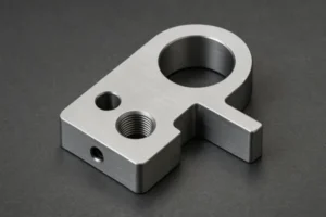 Precision CNC machined metal clamp bracket with threaded hole, mounting holes, and a circular bore on a dark background.