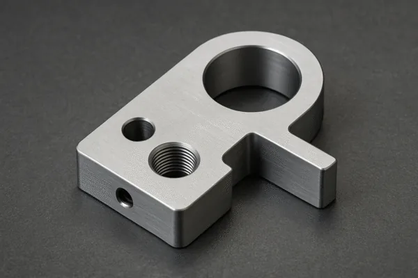 Precision CNC machined metal clamp bracket with threaded hole, mounting holes, and a circular bore on a dark background.