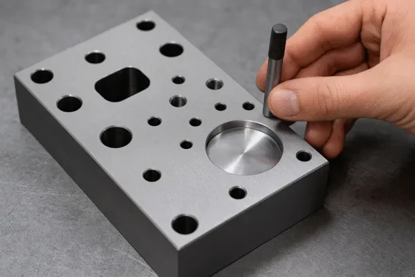 Precision inspection using a gauge pin on a machined metal fixture plate with multiple holes and a circular pocket.