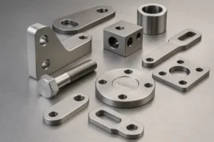 Assorted precision CNC machined metal parts including brackets, bolt, spacers, and plates on a stainless work surface.