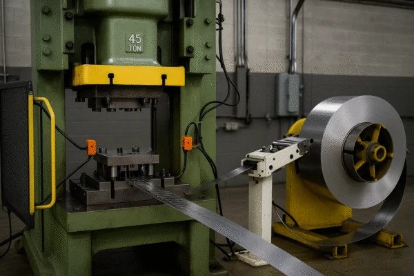 45-ton metal stamping press with steel coil feeder and strip material entering the die in an industrial workshop.