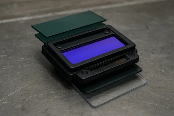 Auto-darkening welding lens (ADF) assembly with UV/IR filter layers, sensor windows, and replaceable protective cover for welding helmet optics.