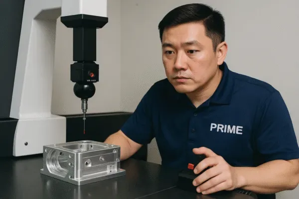 Prime technician performing CMM inspection on a CNC machined aluminum housing for precision quality control