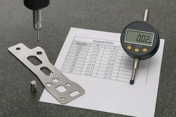 Dimensional inspection setup with CMM probe, digital dial indicator, and measurement report for a stamped sheet metal part.